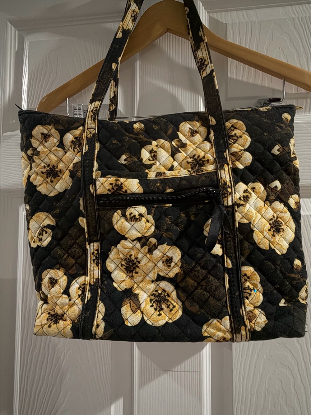 Quilted Floral Tote Bag in Black and Cream